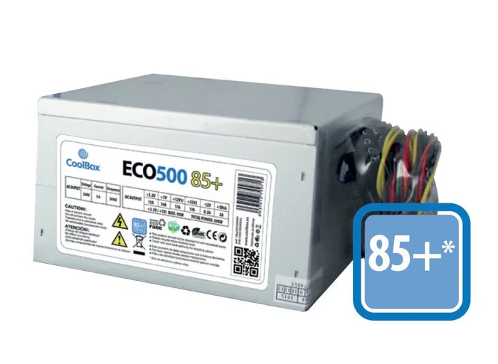 Coolbox ECO500 Fuente de Alimentación ATX 500W 80 PLUS Bronze, 85+ Eficiencia 85%, PFC Activo, Ventilador 12cm Silencioso, Compatible con Intel y AMD, Gris