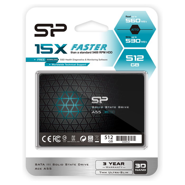 Silicon Power Ace A55 SSD Interno 512 GB 2.5" SATA III, 560 MB/s Lectura, 530 MB/s Escritura, NAND 3D TLC, para Portátil
