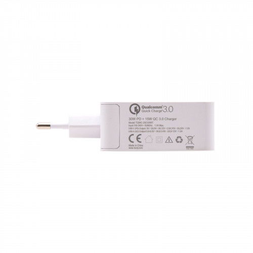TooQ TQWC-2SC03WT Cargador de Pared Doble Puerto USB-C PD + USB A QC3.0, 48W Blanco