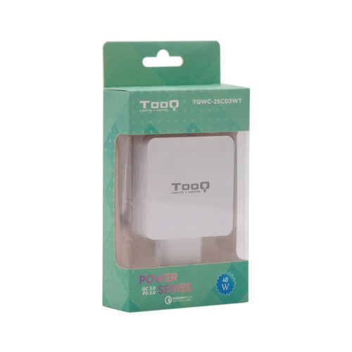 TooQ TQWC-2SC03WT Cargador de Pared Doble Puerto USB-C PD + USB A QC3.0, 48W Blanco