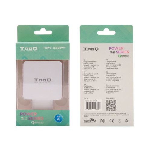 TooQ TQWC-2SC03WT Cargador de Pared Doble Puerto USB-C PD + USB A QC3.0, 48W Blanco
