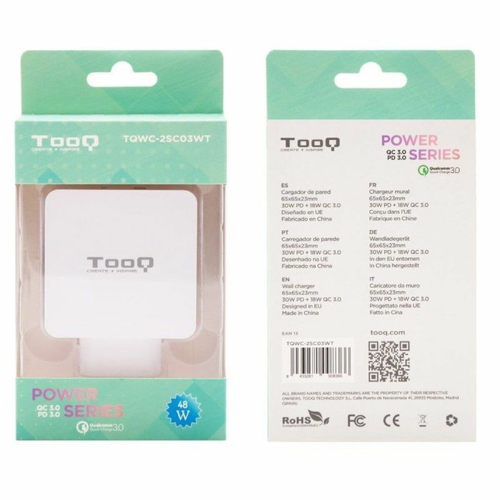 Tooq TQWC-2SC03WT Cargador de Pared 48W USB-C PD y USB-A QC3.0 Blanco Tooq TQWC-2SC03WT Cargador de Pared 48W USB-C PD y USB-A QC3.0 Blanco