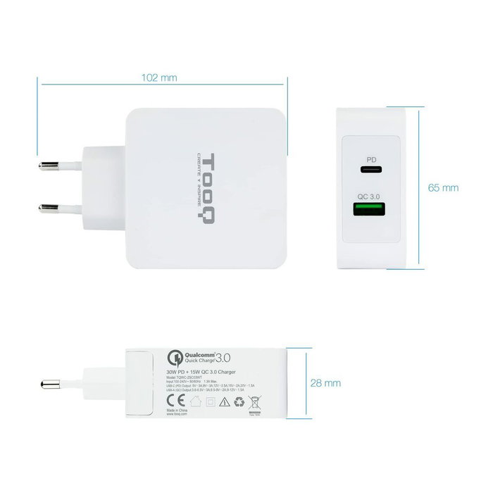 Tooq TQWC-2SC03WT Cargador de Pared 48W USB-C PD y USB-A QC3.0 Blanco Tooq TQWC-2SC03WT Cargador de Pared 48W USB-C PD y USB-A QC3.0 Blanco