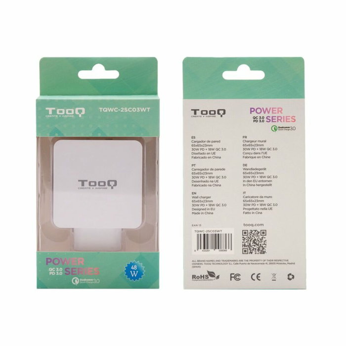 Tooq TQWC-2SC03WT Cargador de Pared 48W USB-C PD y USB-A QC3.0 Blanco Tooq TQWC-2SC03WT Cargador de Pared 48W USB-C PD y USB-A QC3.0 Blanco