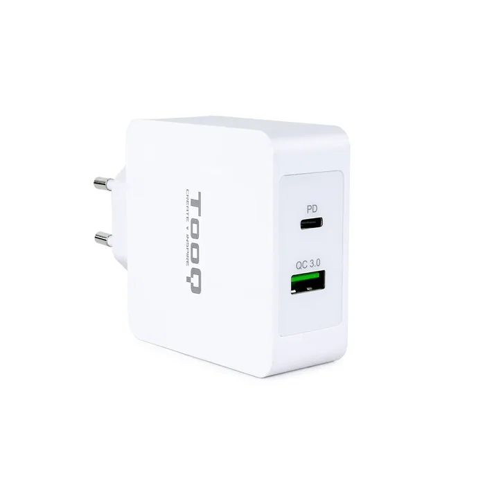 TooQ TQWC-2SC03WT Cargador de Pared USB-C PD 30W + USB-A QC 3.0 18W 48W Total, Carga Rápida para Móviles, Universal, Blanco