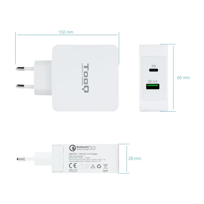 TooQ TQWC-2SC03WT Cargador de Pared USB-C PD 30W + USB-A QC 3.0 18W 48W Total, Carga Rápida para Móviles, Universal, Blanco