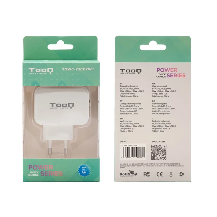 TooQ TQWC-2SC02WT Cargador de Pared USB 27W, 2 Puertos (USB-C + USB-A) - Blanco, Certificación CE