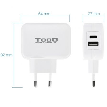 Tooq Cargador de Pared USB 2.0 con Puerto USB-C Blanco Tooq Cargador de Pared USB 2.0 con Puerto USB-C Blanco