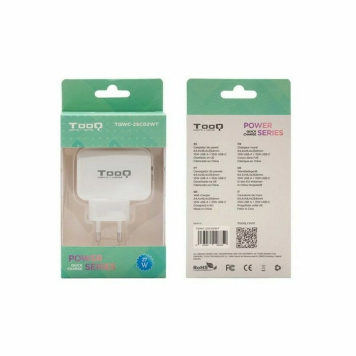 Tooq TQWC-2SC02WT Cargador de Pared USB-C y USB-A 27W Blanco