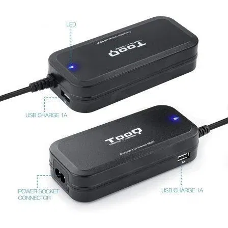 Tooq Cargador de Portátil Universal TQLC-90BS02AT 90W con 2 Puertos USB y 12 Conectores DC Intercambiables, Voltaje Automático 12-20V