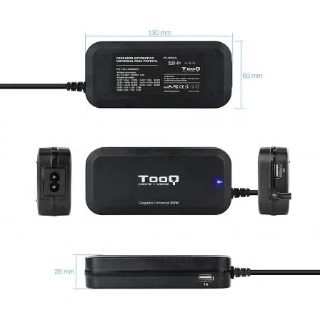 Tooq Cargador de Portátil Universal TQLC-90BS02AT 90W con 2 Puertos USB y 12 Conectores DC Intercambiables, Voltaje Automático 12-20V
