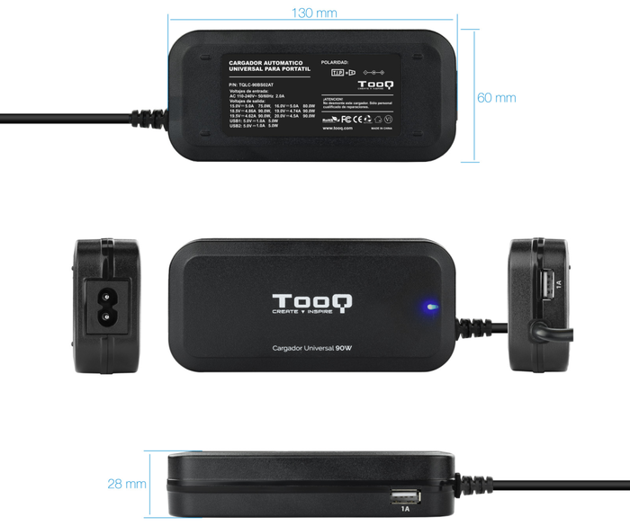 TooQ TQLC-90BS02AT Cargador Universal de 90W con 12 Conectores y 2 USB TooQ TQLC-90BS02AT Cargador Universal de 90W con 12 Conectores y 2 USB