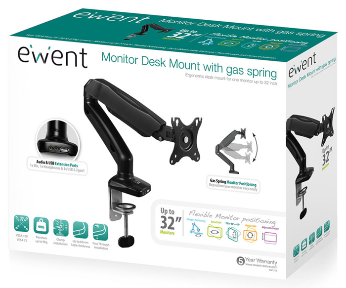 Ewent EW1515 Soporte de Escritorio con Resorte de Gas para Monitor hasta 34 pulgadas Ewent EW1515 Soporte de Escritorio con Resorte de Gas para Monitor hasta 34 pulgadas