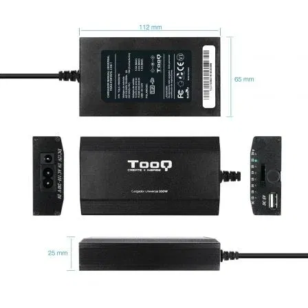 TooQ Cargador Manual Universal para Portátil TQLC-100BS01M, 100W, 12V-24V, 12 Conectores DC + USB 5V/1A, Incluye Adaptador para Coche