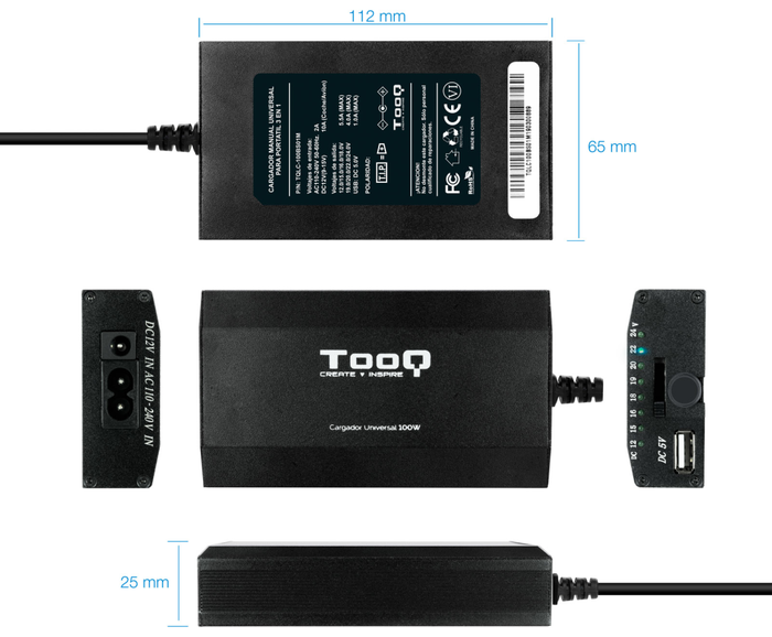 Tooq Cargador Universal para Portátil 100W TQLC-100BS01M Negro Tooq Cargador Universal para Portátil 100W TQLC-100BS01M Negro