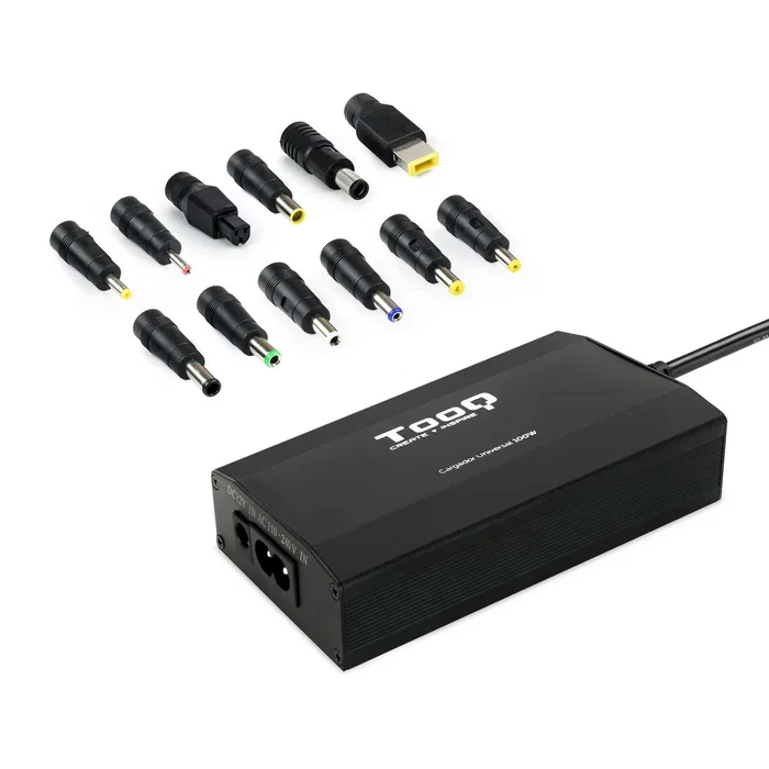 TooQ Adaptador de Corriente TQLC-100BS01M 100W para Portátil Universal - Cargador Coches/Casa/Avión con 12 Conectores, 1 Puerto USB, Certificado CE/FCC, Protecciones, Negro