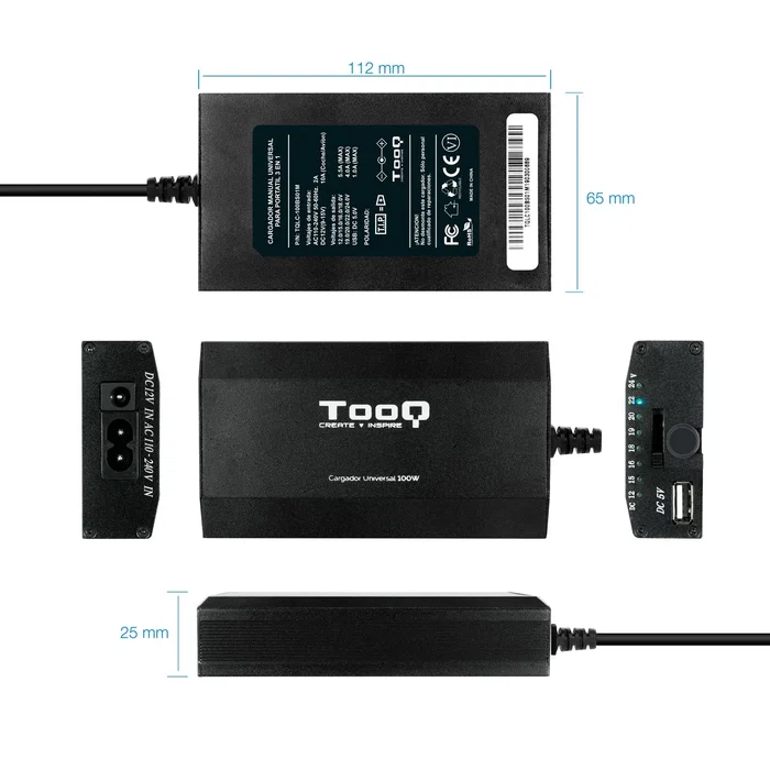 TooQ Adaptador de Corriente TQLC-100BS01M 100W para Portátil Universal - Cargador Coches/Casa/Avión con 12 Conectores, 1 Puerto USB, Certificado CE/FCC, Protecciones, Negro
