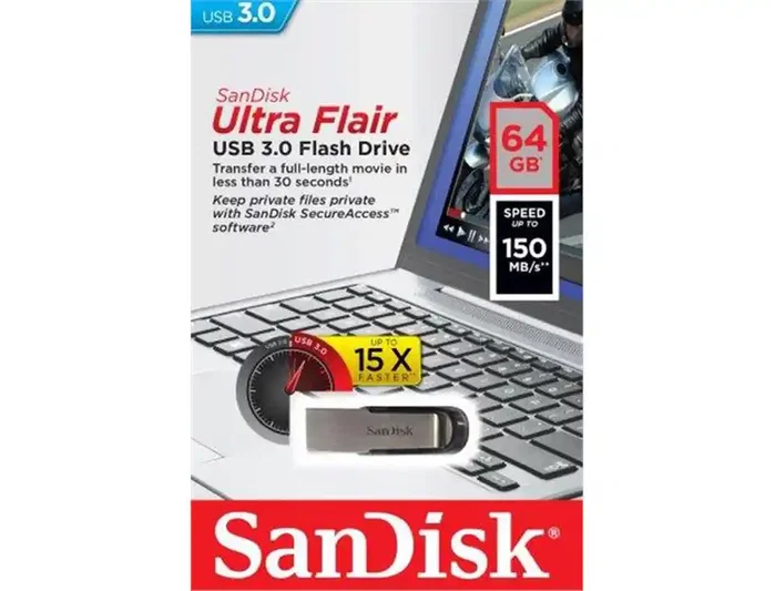 SanDisk Ultra Flair 64 GB USB 3.2 Gen 1 (3.1 Gen 1) Negro, Plata