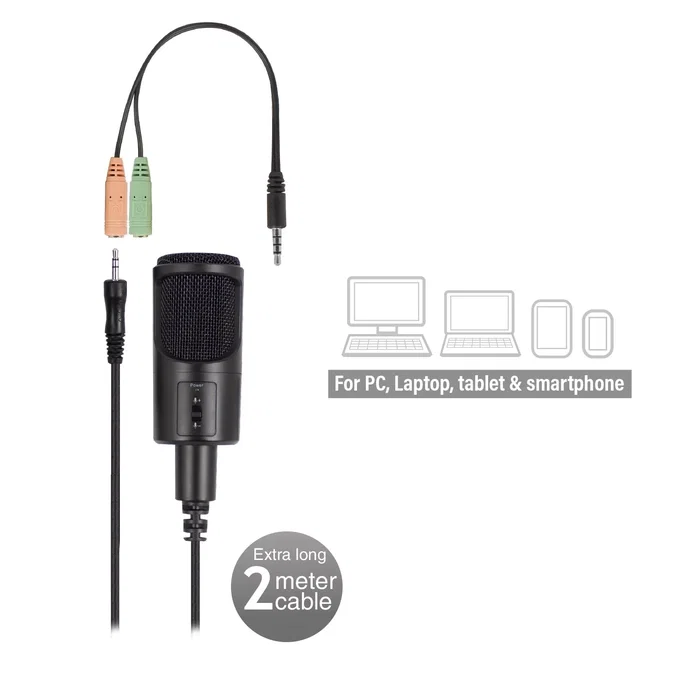 Ewent EW3552 Micrófono para PC con Reducción de Ruido, Soporte de Sobremesa, Sensibilidad -30 dB, Negro, Digital, Cable 2 m