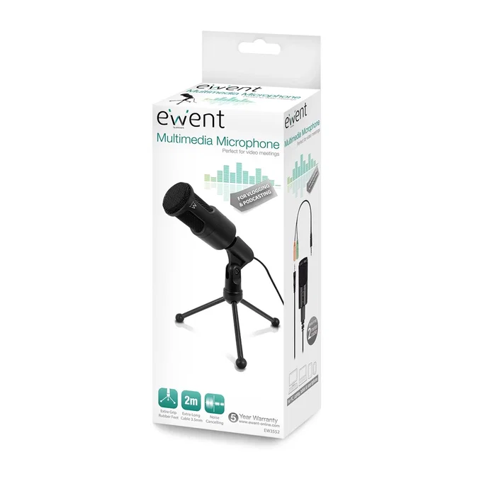 Ewent EW3552 Micrófono para PC con Reducción de Ruido, Soporte de Sobremesa, Sensibilidad -30 dB, Negro, Digital, Cable 2 m