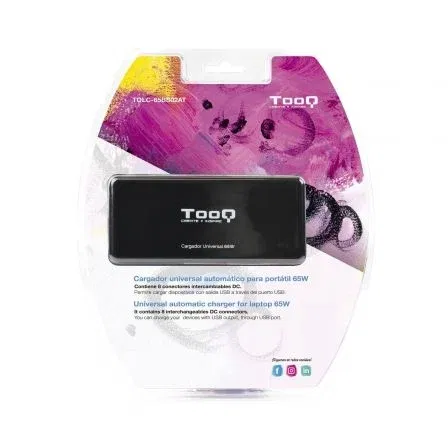 Tooq Cargador Portátil Universal 65W TQLC-65BS02AT - 8 Conectores DC Intercambiables, Voltaje 18.5-20V, Puerto USB 5V/1A para Móviles y Cámaras, Entrada 110-240V