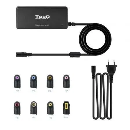 Tooq Cargador Portátil Universal 65W TQLC-65BS02AT - 8 Conectores DC Intercambiables, Voltaje 18.5-20V, Puerto USB 5V/1A para Móviles y Cámaras, Entrada 110-240V