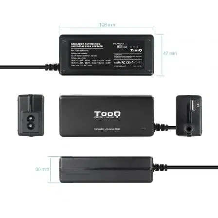 Tooq Cargador Portátil Universal 65W TQLC-65BS02AT - 8 Conectores DC Intercambiables, Voltaje 18.5-20V, Puerto USB 5V/1A para Móviles y Cámaras, Entrada 110-240V