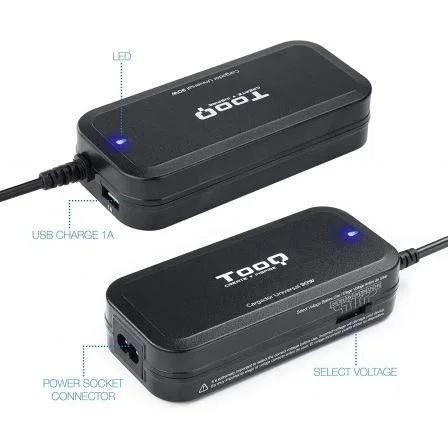 TooQ Cargador Universal Manual para Portátil 90W TQLC-90BS02M con 12 Conectores Intercambiables DC y Puerto USB 5V/1A para Dispositivos Móviles