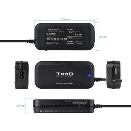 TooQ Cargador Universal Manual para Portátil 90W TQLC-90BS02M con 12 Conectores Intercambiables DC y Puerto USB 5V/1A para Dispositivos Móviles