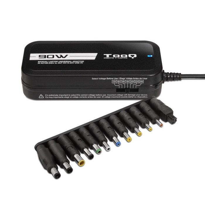 TOOQ Cargador Universal 90W con 12 Conectores y Puerto USB TQLC-90BS02M