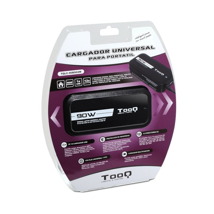 TOOQ Cargador Universal 90W con 12 Conectores y Puerto USB TQLC-90BS02M