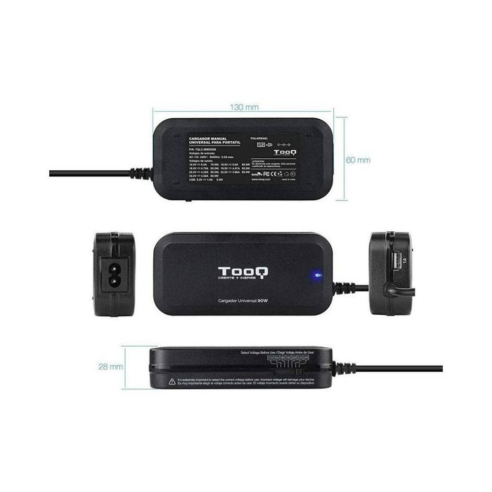 TOOQ Cargador Universal 90W con 12 Conectores y Puerto USB TQLC-90BS02M
