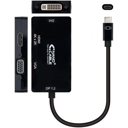 Nanocable Conversor USB-C a SVGA / DVI / HDMI 3 en 1, 4K, 10 cm, Negro