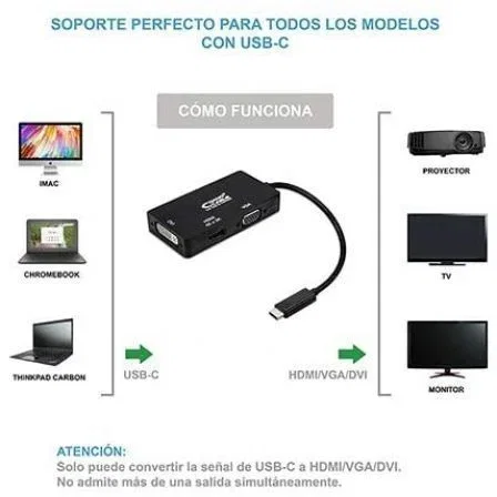 Nanocable Conversor USB-C a SVGA / DVI / HDMI 3 en 1, 4K, 10 cm, Negro