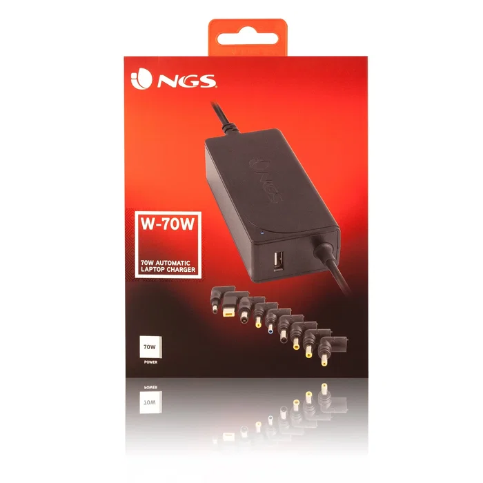 NGS W-70W Adaptador de Corriente para Portátil 70W Automático, 9 Conectores de Voltaje 18.5-20V con 1 Puerto USB