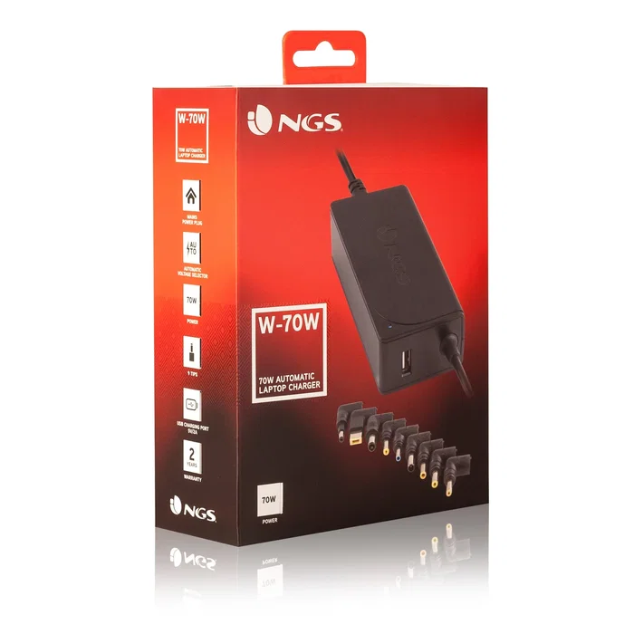 NGS W-70W Adaptador de Corriente para Portátil 70W Automático, 9 Conectores de Voltaje 18.5-20V con 1 Puerto USB