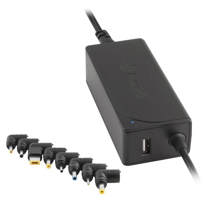 NGS W-70W Adaptador de Corriente para Portátil 70W Automático, 9 Conectores de Voltaje 18.5-20V con 1 Puerto USB