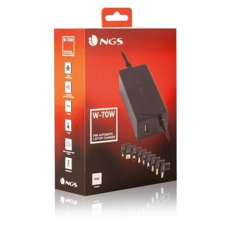 NGS Cargador W-70W para Portátil 70W Automático Universal con Salida USB, 9 Conectores, Voltaje 18.5V-20V, Compatible con Acer, HP, Dell, Lenovo, Asus NGS Cargador W-70W para Portátil 70W Automático Universal con Salida USB, 9 Conectores, Voltaje 18.5V-20V, Compatible con Acer, HP, Dell, Lenovo, Asus