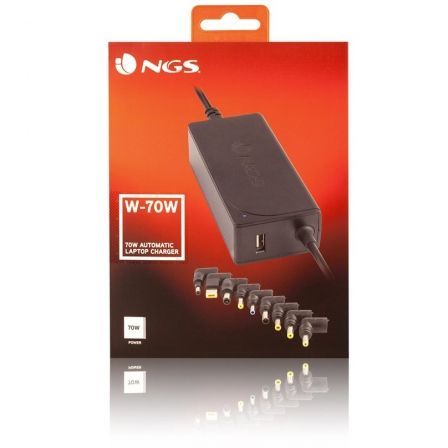 NGS Cargador W-70W para Portátil 70W Automático Universal con Salida USB, 9 Conectores, Voltaje 18.5V-20V, Compatible con Acer, HP, Dell, Lenovo, Asus NGS Cargador W-70W para Portátil 70W Automático Universal con Salida USB, 9 Conectores, Voltaje 18.5V-20V, Compatible con Acer, HP, Dell, Lenovo, Asus