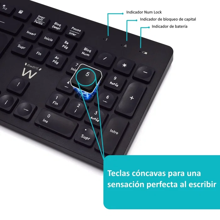 Ewent EW3256 Teclado y Ratón Inalámbricos Multimedia Español QWERTY Compacto Tecnología 2.4G Receptor Nano USB Sensor Óptico 1600 dpi Ahorro Energía