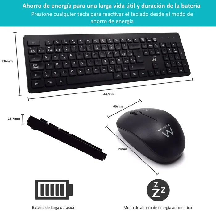 Ewent EW3256 Teclado y Ratón Inalámbricos Multimedia Español QWERTY Compacto Tecnología 2.4G Receptor Nano USB Sensor Óptico 1600 dpi Ahorro Energía