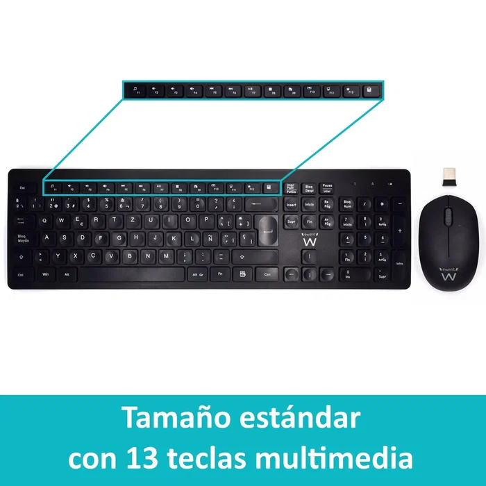 Ewent EW3256 Teclado y Ratón Inalámbricos Multimedia Español QWERTY Compacto Tecnología 2.4G Receptor Nano USB Sensor Óptico 1600 dpi Ahorro Energía