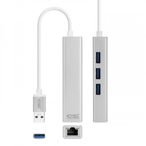 Nanocable Conversor USB 3.0 a Ethernet Gigabit + 3xUSB 3.0, Plata, 15 cm Nanocable Conversor USB 3.0 a Ethernet Gigabit + 3xUSB 3.0, Plata, 15 cm