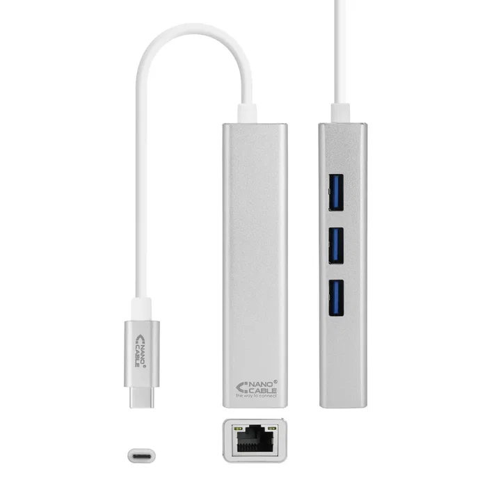 Nanocable Adaptador USB-C a Ethernet Gigabit 3 Puertos USB 3.0 Hub - Plug & Play - 1000 Mbit/s - Color Plata - Longitud Cable 15 cm