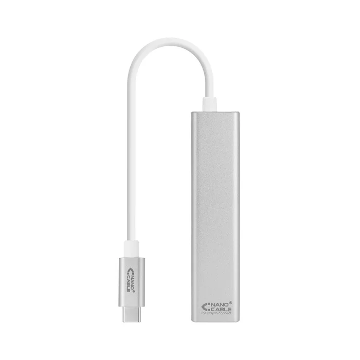 Nanocable Adaptador USB-C a Ethernet Gigabit 3 Puertos USB 3.0 Hub - Plug & Play - 1000 Mbit/s - Color Plata - Longitud Cable 15 cm