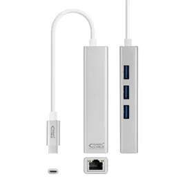 Nanocable Adaptador USB-C a Ethernet Gigabit 3 Puertos USB 3.0 Hub - Plug & Play - 1000 Mbit/s - Color Plata - Longitud Cable 15 cm