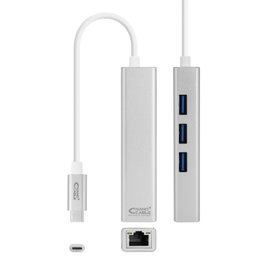 NANOCABLE Conversor USB-C a Ethernet Gigabit + 3xUSB 3.0, Plata, 15 cm, Alambrico, USB Tipo C, Ethernet, 1000 Mbit/s, Plata