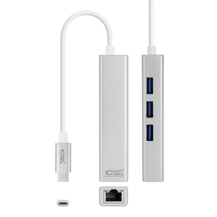 NANOCABLE Conversor USB-C a Ethernet Gigabit + 3xUSB 3.0, Plata, 15 cm, Alambrico, USB Tipo C, Ethernet, 1000 Mbit/s, Plata NANOCABLE Conversor USB-C a Ethernet Gigabit + 3xUSB 3.0, Plata, 15 cm, Alambrico, USB Tipo C, Ethernet, 1000 Mbit/s, Plata