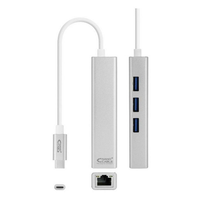 Nanocable Conversor USB-C a Ethernet Gigabit + 3xUSB 3.0, Plata, 15 cm Nanocable Conversor USB-C a Ethernet Gigabit + 3xUSB 3.0, Plata, 15 cm