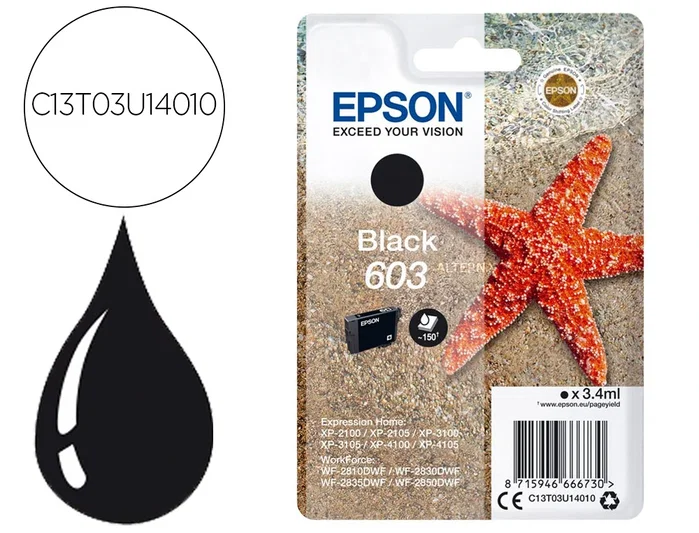 Epson Cartucho de Tinta 603 Negro (C13T03U14010) Rendimiento Estándar Epson Cartucho de Tinta 603 Negro (C13T03U14010) Rendimiento Estándar